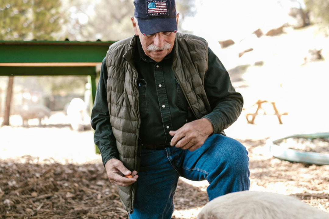 Farmer kneeling to feed a pig with a carrot, representing Earth & Tail's commitment to humane, sustainable, USA-sourced ingredients.