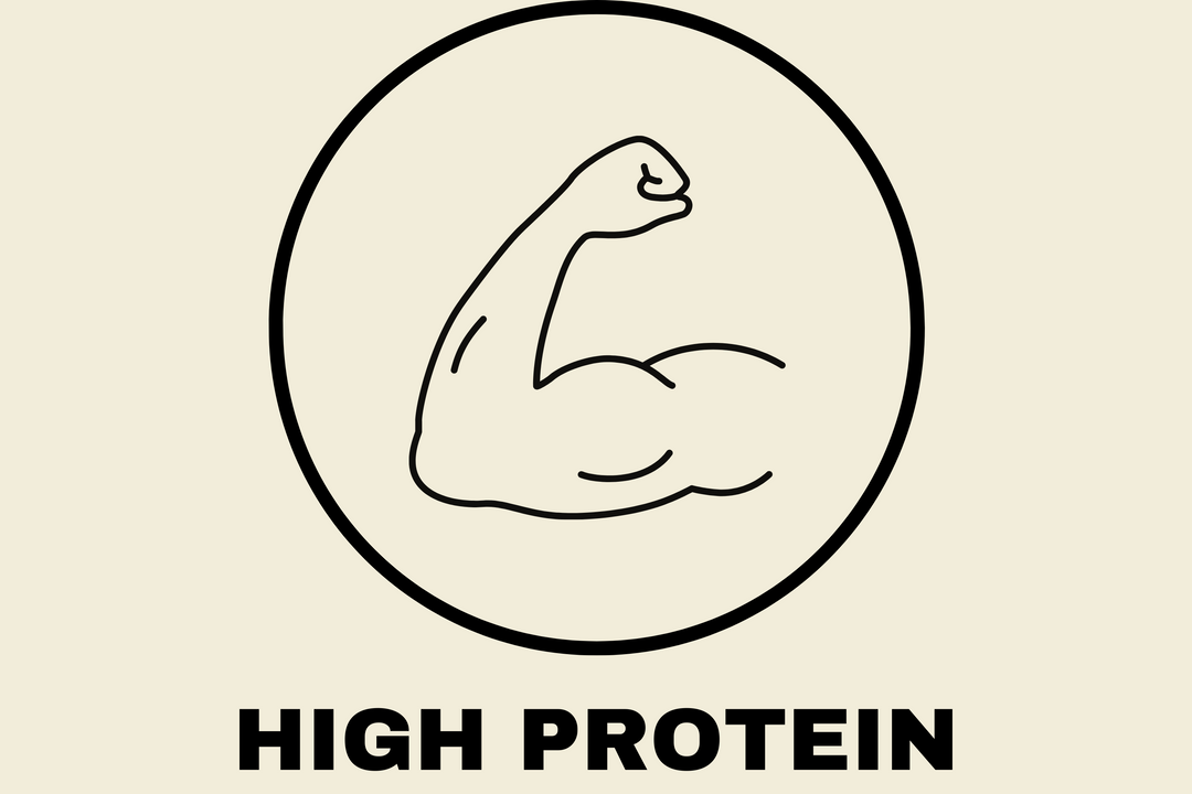 Circle icon with a flexing arm illustration and text below reading 'High Protein,' highlighting the nutritional value of Earth & Tail treats.